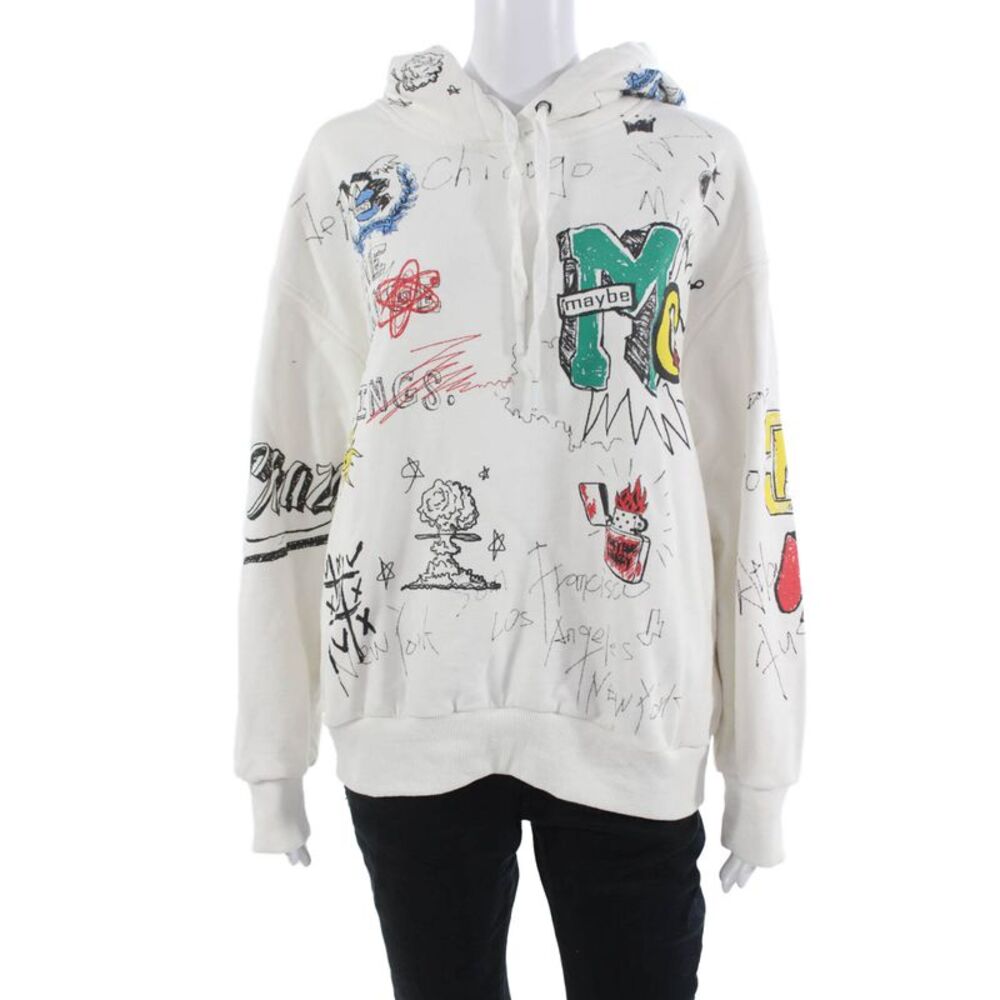 Maybe Crazy Unisex Pullover Hoodie White Cotton Graphic Longsleeve Fall Size M